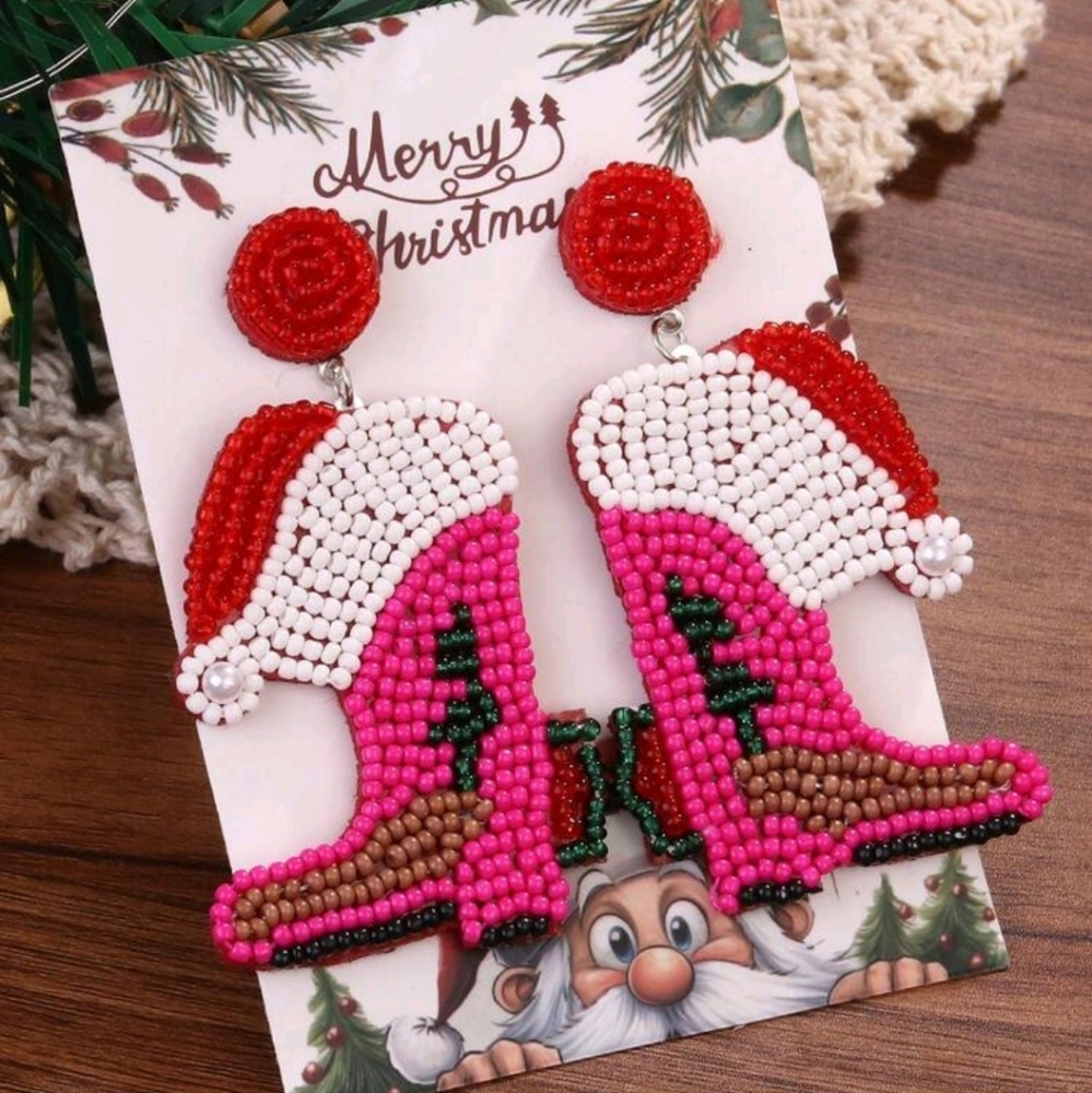 SANTA HAT COWGIRL BOOTS‎ Pink Seed Bead Earrings NWT